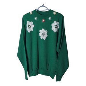 Vintage Green Crewneck Doilies Buttons‎ Plaid Hanes Comfort Blend  Size Large